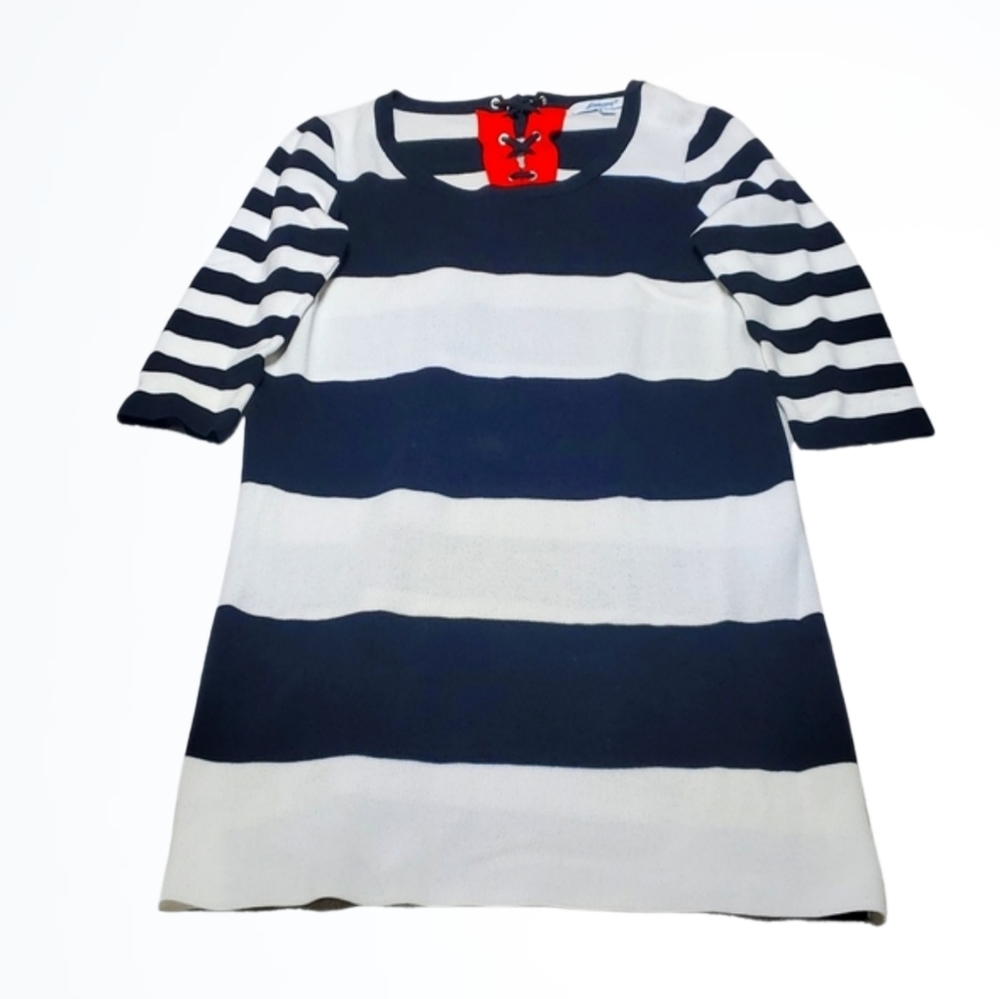 Foxcroft Black White Striped 3/4 Sleeve Sweater Dress w Rear Ties Size Large L